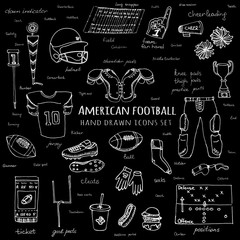 Hand drawn doodle american football set Vector illustration Sketchy sport related icons football elements, ball helmet jersey pants knee thigh shoulder pads cleats field cheerleading down indicator