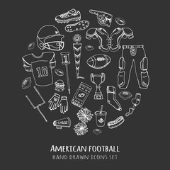 Hand drawn doodle american football set Vector illustration Sketchy sport related icons football elements, ball helmet jersey pants knee thigh shoulder pads cleats field cheerleading down indicator