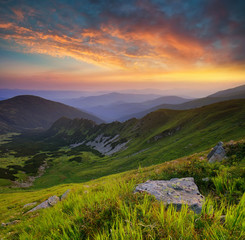 Mountain valley during sunset in summer time. Beautiful natural landscape