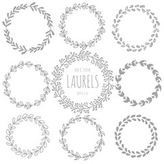 Collection of handdrawn laurels and round wreaths, Romantic wreath with copyspace for your text. Floral wreath with copyspace for your text. Save the date, wedding or invitation card design element