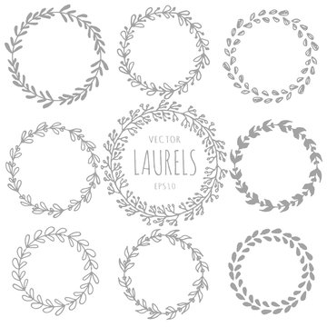 Collection of handdrawn laurels and round wreaths, Romantic wreath with copyspace for your text. Floral wreath with copyspace for your text. Save the date, wedding or invitation card design element