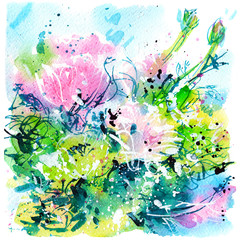 abstract colorful bouquet with two branches, flowers, watercolor painting, sketch
