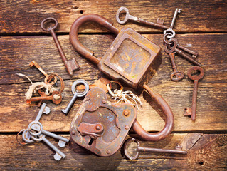 old locks and keys on wooden table