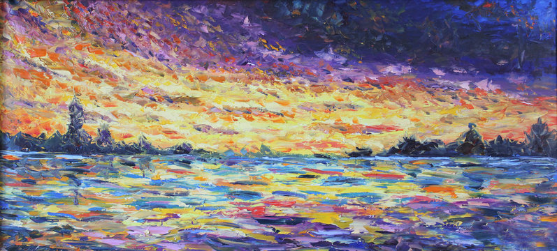 sunset over the lake, oil painting