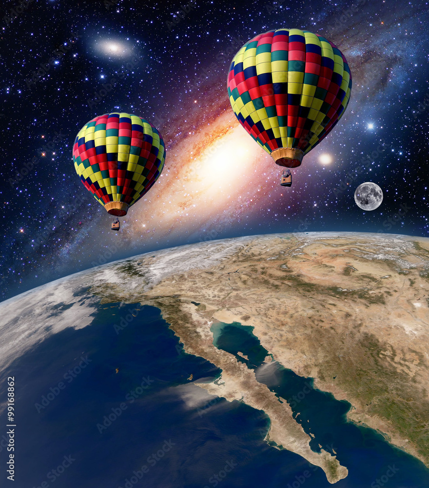 Wall mural Hot air balloon surreal wonderland fairy tale landscape fantasy planet moon. Elements of this image furnished by NASA.