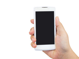 Human hand holding blank mobile smart phone
