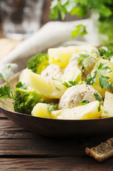 Steamed chicken meat balls and vegetables