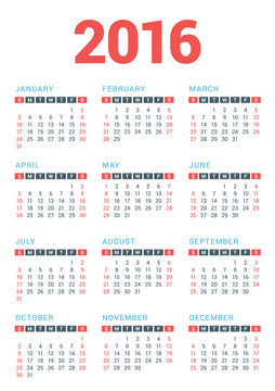 Calendar for 2016 Year on White Background. Week Starts Sunday. Vector Design Print Template