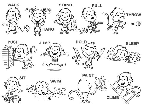Verbs of action in pictures, cute monkey character, black and white outline