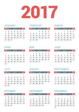 Calendar for 2017 Year on White Background. Week Starts Sunday. Vector Design Print Template