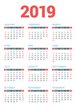 Calendar for 2019 Year on White Background. Week Starts Sunday. Vector Design Print Template