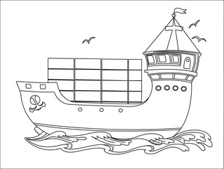 Contour image of a floating sea cargo ship. Outline drawing for coloring book. 
