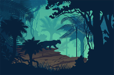 Naklejka premium Vector evening tropical rainforest Jungle background with jaguar