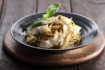 grilled squid and pesto pasta.