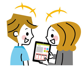 タブレットで説明するビジネスウーマンと男性