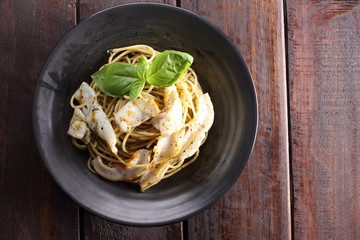 grilled squid and pesto pasta.