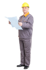 isolated engineer holding blueprint