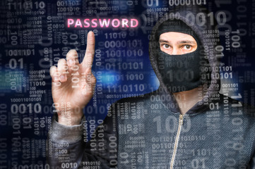 Hacker in anonymous mask is searching for password in binary cod