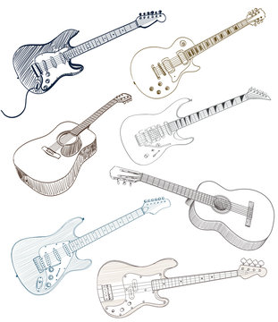 set of hand drawn guitars on white. vector