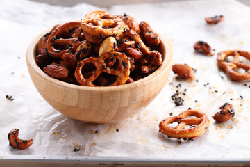 Roasted nuts mix and pretzel