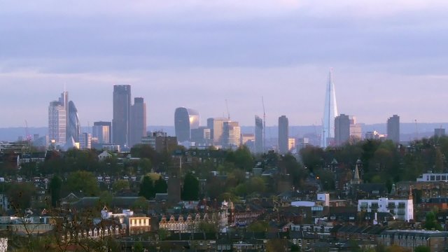 Panoramic view of the skyline of the City of London at sunset