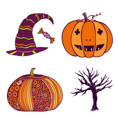 Creative halloween elements. Pumpkin, witch hat, dead tree. Vector art