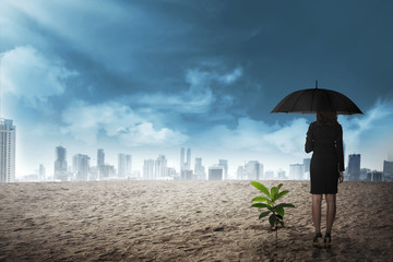Asian business woman in black umbrella stand beside plant seed grow on the desert