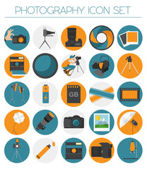 Photography icon set with photo, camera equipment. Colour flat v