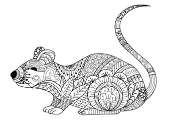 Hand drawn zentangle mouse for coloring book for adult and other decorations