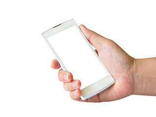 Human hand holding blank mobile smart phone