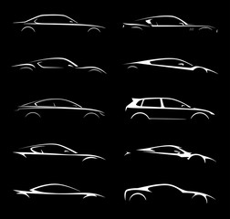 Supercar and regular car vehicle silhouette collection set. Vector illustration. - obrazy, fototapety, plakaty