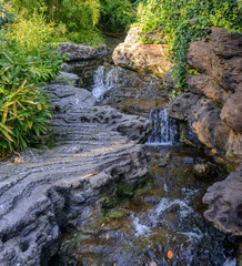 Mountain stream among green grass