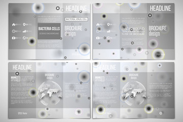 Vector set of tri-fold brochure design template on both sides with world globe element. Molecular research, cells in gray, science vector background