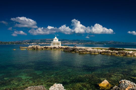 Lighthouse in Kefalonia. Landscape of Lighthouse of St. Theodore at Argostoli, Kefalonia, Ionian islands, Greece. Attraction of the island of Kefalonia. The current lighthouse on the island.
