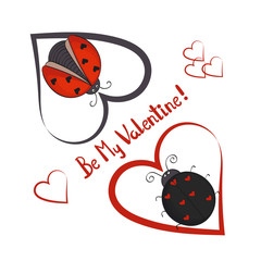 Be my Valentine card template. Couple of cute ladybugs with hearts. Vector illustration.