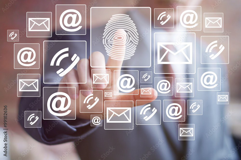 Poster businessman push button fingerprint print network mail.