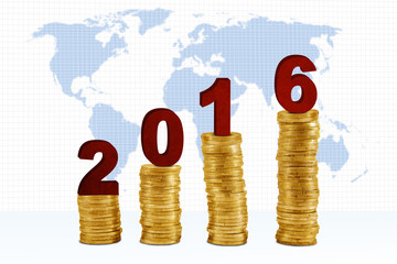 Golden coins with map and numbers 2016