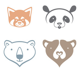 Red Panda, Giant Panda, polar bear, brown bear, head silhouette - simple vector signs.
