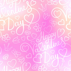 Seamless pattern with hearts, flowers, butterfly and lettering on blurred background