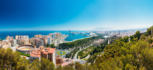 Panorama cityscape aerial view of Malaga, Spain.