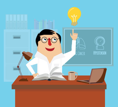 Doctor is reading book at desk in office vector illustration. Physician has an idea concept.