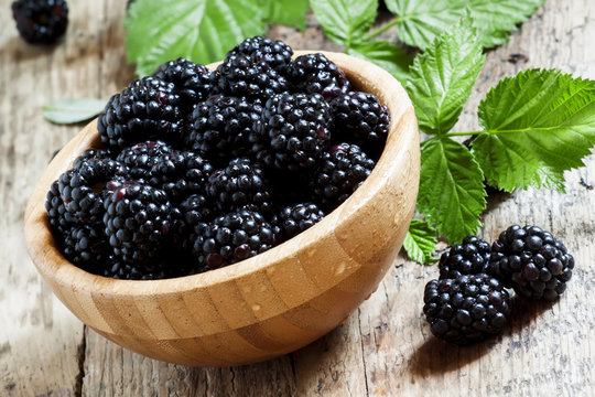 Beautiful ripe black blackberries in wooden bowl with leaves, se