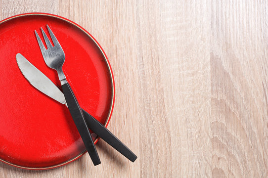 Red Plate, Fork And Knife