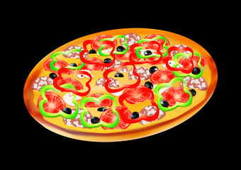 Pizza with salami, peppers and olives, vector illustration. All objects are on different layers, isolated on black