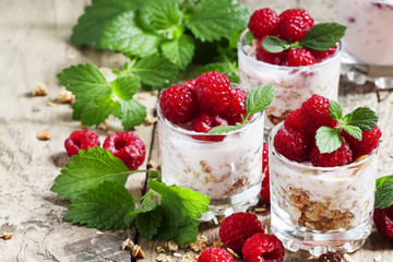 Fresh ripe raspberries with homemade yogurt, mint and muesli on