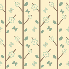 cute branch with leaves flowers and butterflies seamless vector pattern background illustration