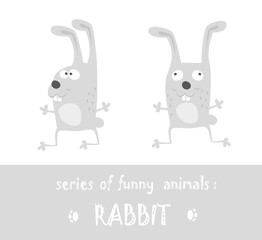 Funny rabbit hand drawn in cartoon style isolated on white background. Vector illustration