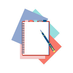 Flat design notepad, pen and color sheets of paper - obrazy, fototapety, plakaty