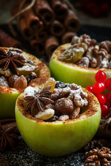Ingredients for baked apple with nuts, selective focus