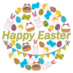 Poster Easter. Rabbit, chick and eggs. Flat line design. Vector illustration